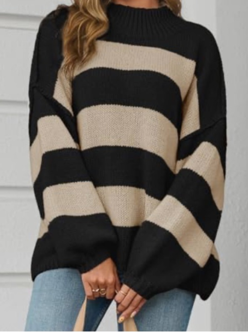 Striped Black and Beige Oversized Chunky Knit Sweater🚌